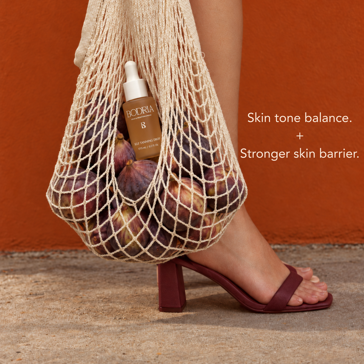 BODRIA Self Tanning Drop in a woven net bag with figs: skin tone balance and a stronger skin barrier