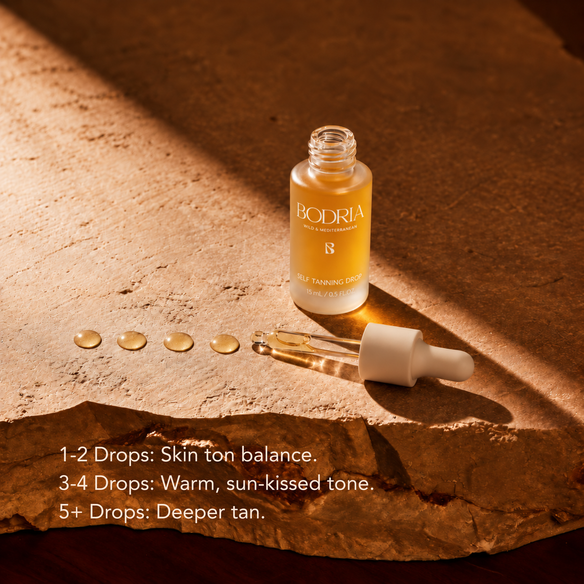 BODRIA Self Tanning Drop dosing guide: 1-2 drops skin tone balance, 3-4 drops warm sun-kissed tone, 5+ drops deeper tan